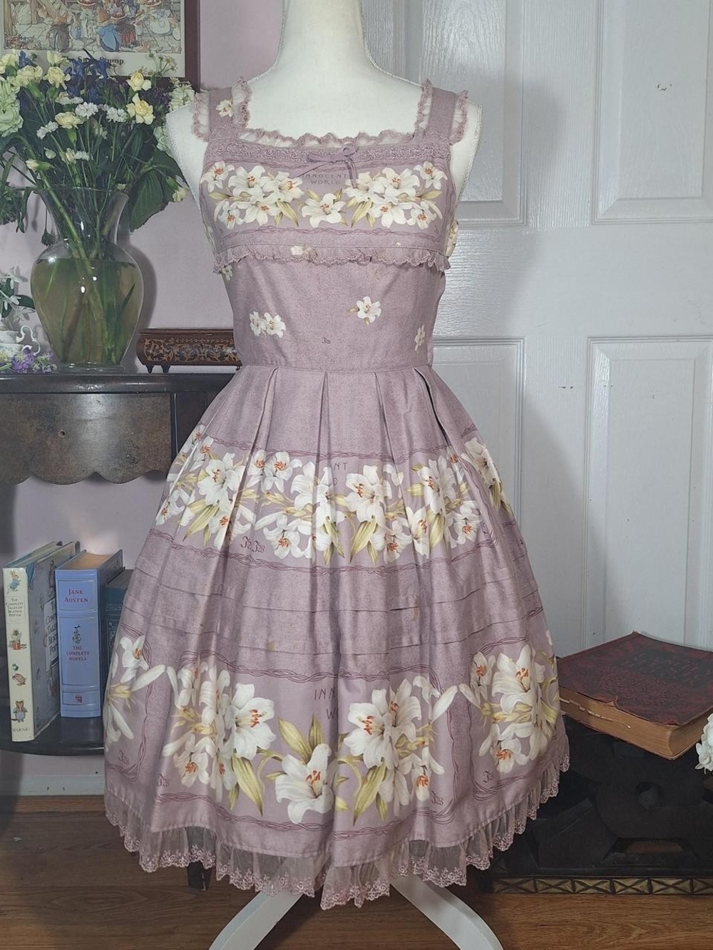 Innocent World Magnolia Print Pleated JSK | Dusty Rose Classic Lolita JSK